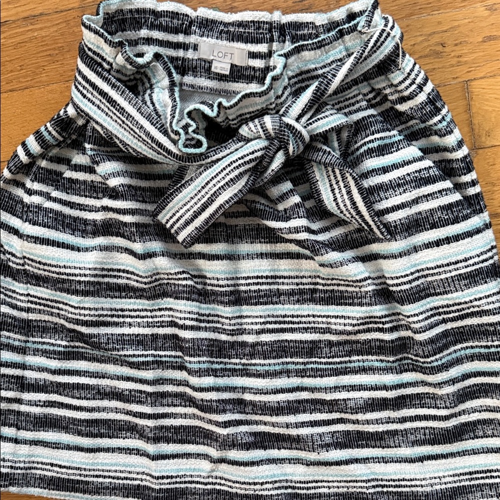 LOFT Black, White and Light Blue Striped Tie-Waist Mini Skirt